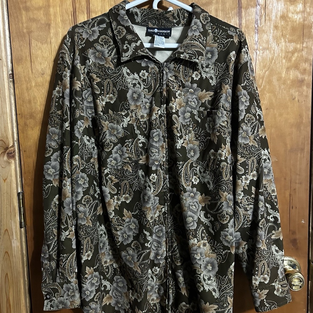 Sag Harbor Women's Tapestry Jacket Green Zip Front Boho Brocade Shirt